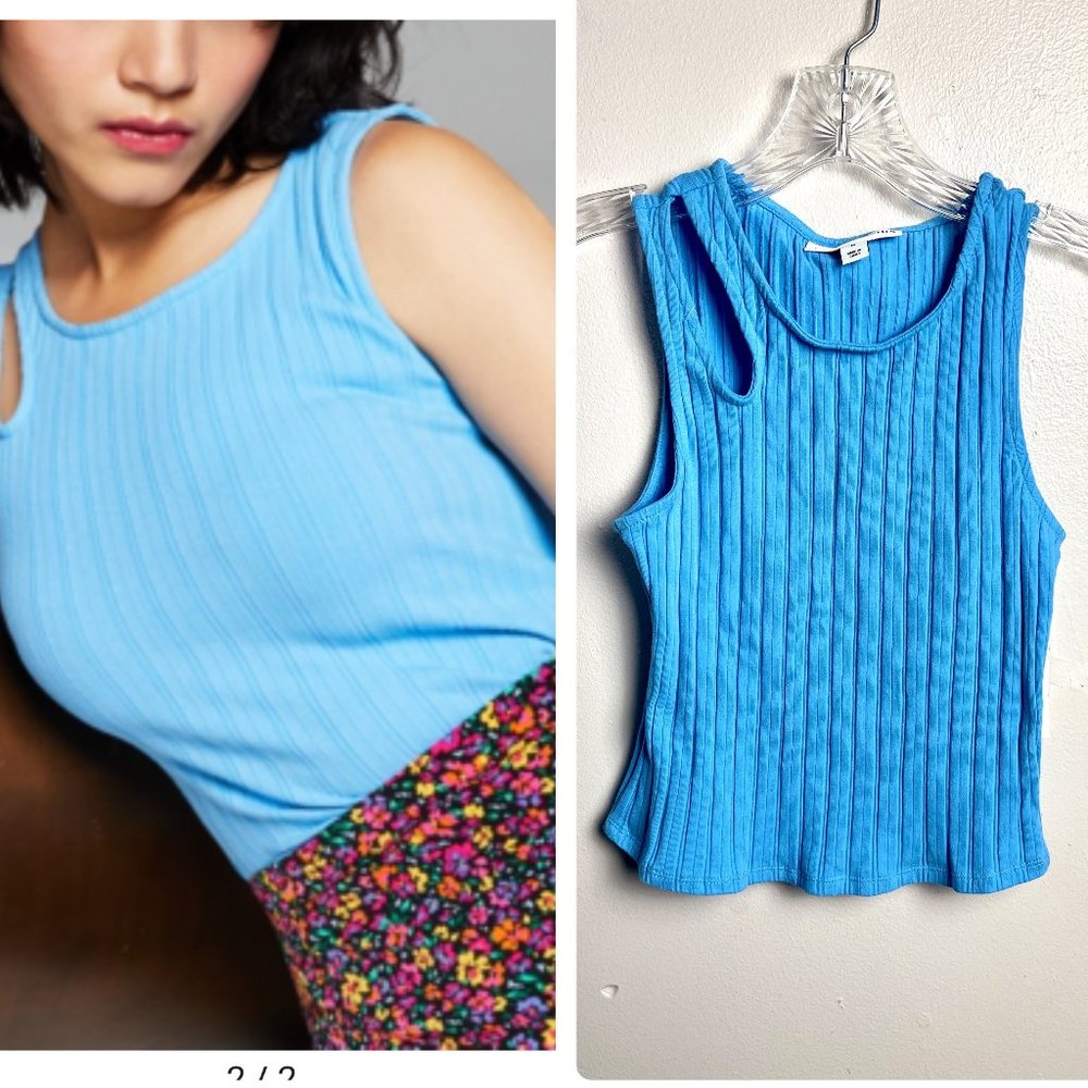 NWOT AND NOW THIS RIBBED CUTOUT-DETAIL TANK TOP Sky Blue Womens M